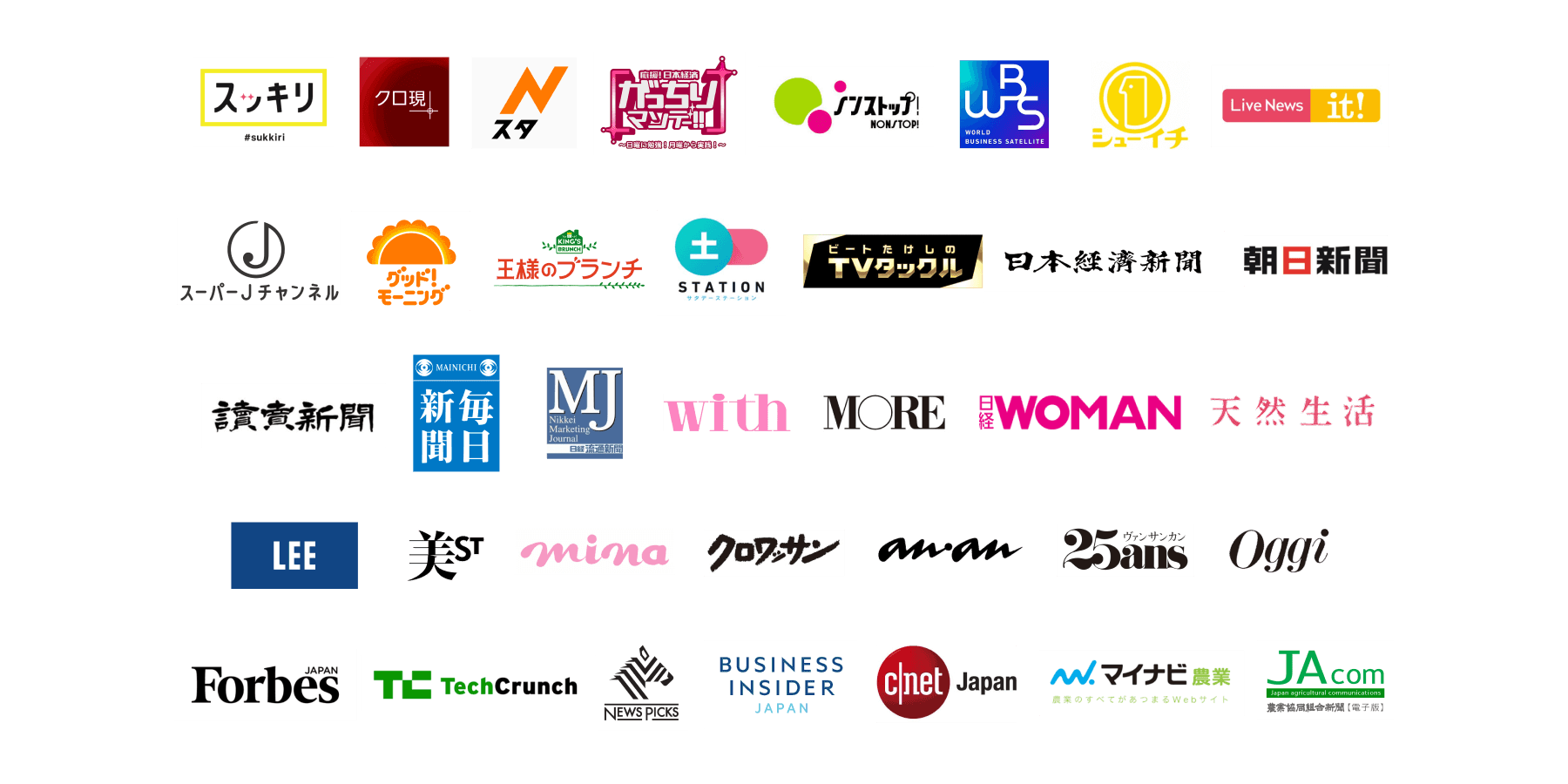 スッキリ、クロ現、Nスタ、がっちりマンデー!!、ノンストップ、WBS、シューイチ、Live News it!、スーパーJチャンネル、グッド!モーmニング、王様のブランチ、サタデーステーション、ビートたけしのTVタックル、日本経済新聞、朝日新聞、読売新聞、毎日新聞