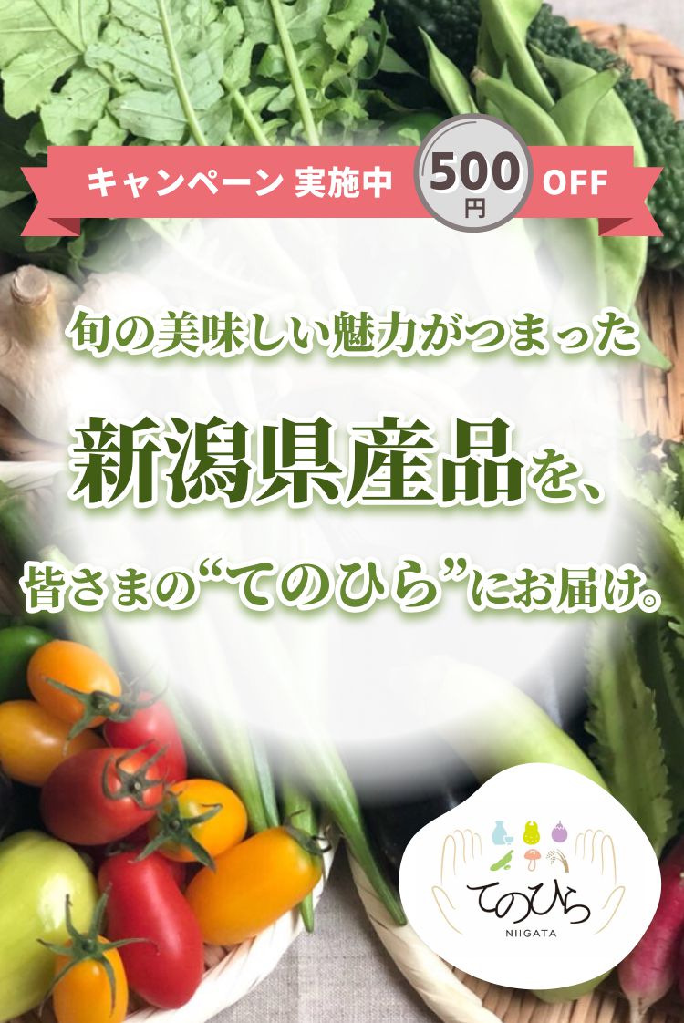 キャンペーン実施中500円OFF　旬の美味しい魅力がつまった新潟県産品を、皆さまの“てのひら”にお届け。